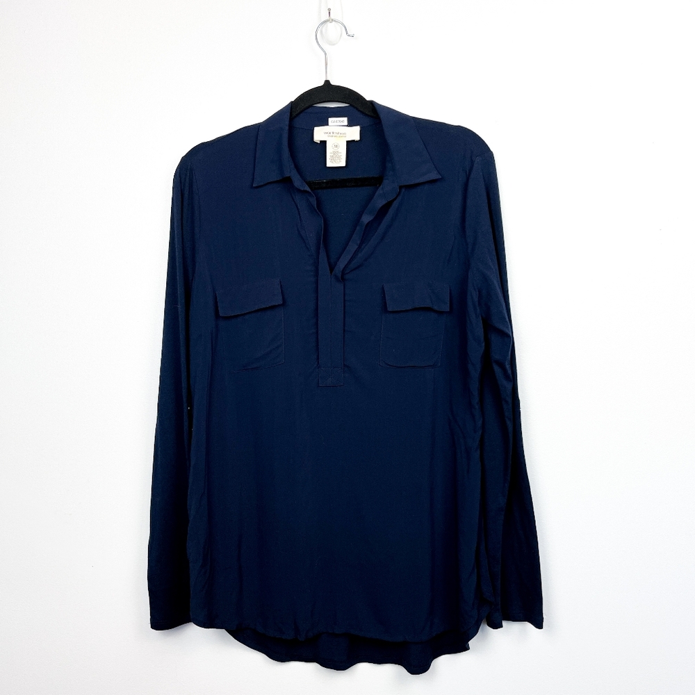 Workshop by Andrea Jovine Long Sleeve Navy Button-Up Blouse